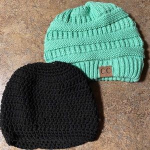 Teal C.C beanie and black handmade ponytail beanie